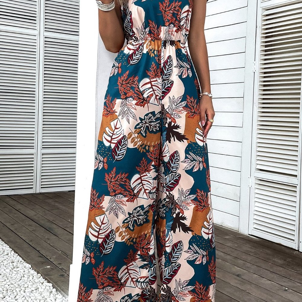 New Tropical Print Shirred Wide Leg Cami Jumpsuit Handmade - Picture 6 of 6